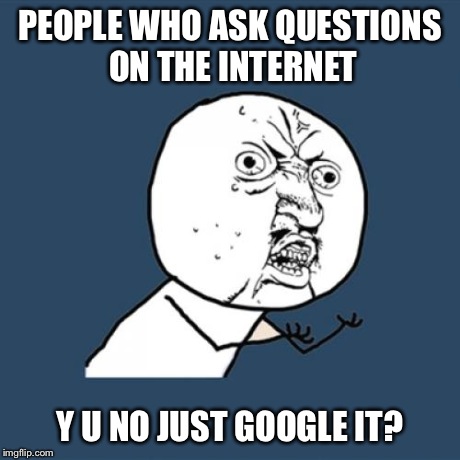 Y U No Meme | PEOPLE WHO ASK QUESTIONS ON THE INTERNET Y U NO JUST GOOGLE IT? | image tagged in memes,y u no | made w/ Imgflip meme maker