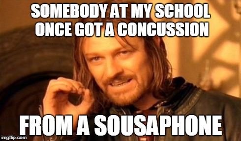 One Does Not Simply Meme | SOMEBODY AT MY SCHOOL ONCE GOT A CONCUSSION FROM A SOUSAPHONE | image tagged in memes,one does not simply | made w/ Imgflip meme maker