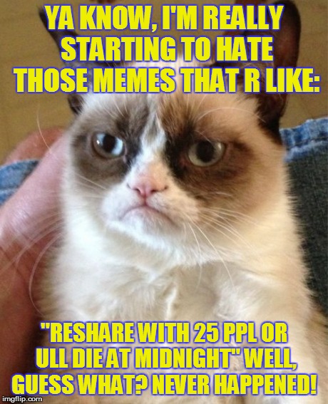 Grumpy Cat | YA KNOW,
I'M REALLY STARTING TO HATE THOSE MEMES THAT R LIKE: "RESHARE WITH 25 PPL OR ULL DIE AT MIDNIGHT"
WELL, GUESS WHAT? NEVER HAPPENED! | image tagged in memes,grumpy cat | made w/ Imgflip meme maker