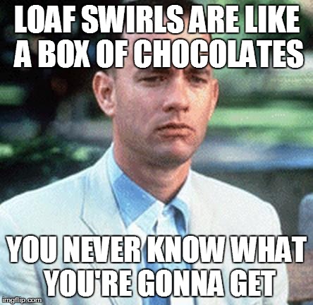 forrest gump | LOAF SWIRLS ARE LIKE A BOX OF CHOCOLATES YOU NEVER KNOW WHAT YOU'RE GONNA GET | image tagged in forrest gump | made w/ Imgflip meme maker