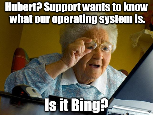 You Might As Well Use Your Computer For Decorative Purposes | Hubert? Support wants to know what our operating system is. Is it Bing? | image tagged in memes,grandma finds the internet | made w/ Imgflip meme maker