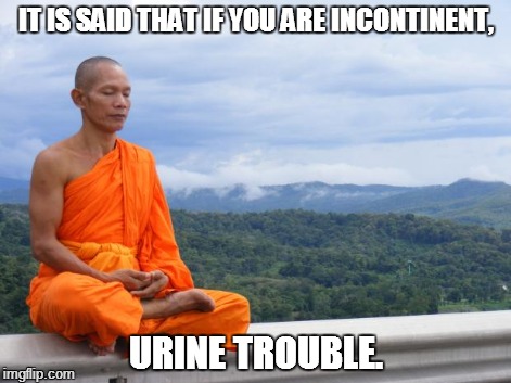 Wisdom | IT IS SAID THAT IF YOU ARE INCONTINENT, URINE TROUBLE. | image tagged in tibetan monk | made w/ Imgflip meme maker