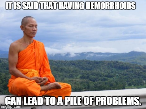 Wisdom | IT IS SAID THAT HAVING HEMORRHOIDS CAN LEAD TO A PILE OF PROBLEMS. | image tagged in tibetan monk | made w/ Imgflip meme maker