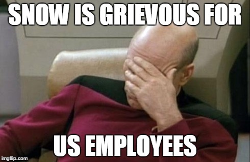Captain Picard Facepalm Meme | SNOW IS GRIEVOUS FOR US EMPLOYEES | image tagged in memes,captain picard facepalm | made w/ Imgflip meme maker