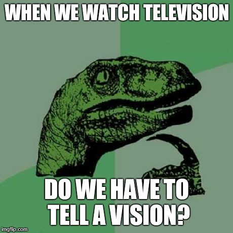 Philosoraptor | WHEN WE WATCH TELEVISION DO WE HAVE TO TELL A VISION? | image tagged in memes,philosoraptor | made w/ Imgflip meme maker