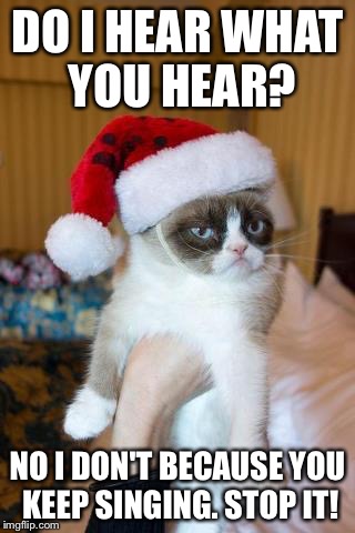Grumpy Cat Christmas | DO I HEAR WHAT YOU HEAR? NO I DON'T BECAUSE YOU KEEP SINGING. STOP IT! | image tagged in memes,grumpy cat christmas,grumpy cat | made w/ Imgflip meme maker