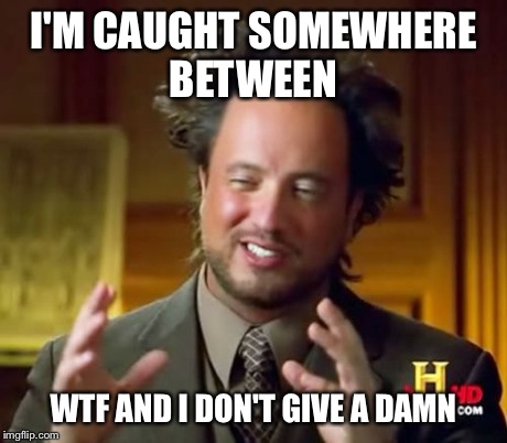 Ancient Aliens Meme | I'M CAUGHT SOMEWHERE BETWEEN WTF AND I DON'T GIVE A DAMN | image tagged in memes,ancient aliens | made w/ Imgflip meme maker