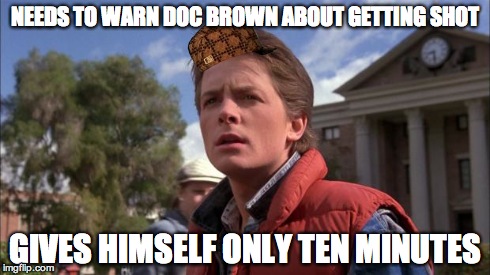 Marty Mcfly | NEEDS TO WARN DOC BROWN ABOUT GETTING SHOT GIVES HIMSELF ONLY TEN MINUTES | image tagged in marty mcfly,scumbag | made w/ Imgflip meme maker