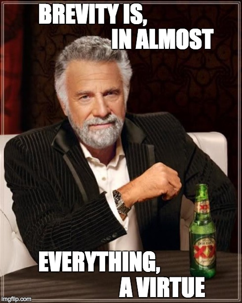 The Most Interesting Man In The World Meme | BREVITY IS,                                 IN ALMOST EVERYTHING,                             A VIRTUE | image tagged in memes,the most interesting man in the world | made w/ Imgflip meme maker