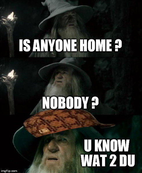 Confused Gandalf Meme | IS ANYONE HOME ? NOBODY ? U KNOW WAT 2 DU | image tagged in memes,confused gandalf,scumbag | made w/ Imgflip meme maker
