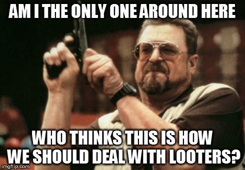 Am I The Only One Around Here | AM I THE ONLY ONE AROUND HERE WHO THINKS THIS IS HOW WE SHOULD DEAL WITH LOOTERS? | image tagged in memes,am i the only one around here | made w/ Imgflip meme maker