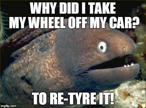 Bad Joke Eel Meme | WHY DID I TAKE MY WHEEL OFF MY CAR? TO RE-TYRE IT! | image tagged in memes,bad joke eel | made w/ Imgflip meme maker
