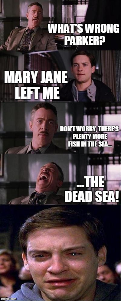 Peter Parker Cry Meme | WHAT'S WRONG PARKER? MARY JANE LEFT ME DON'T WORRY, THERE'S PLENTY MORE FISH IN THE SEA... ...THE DEAD SEA! | image tagged in memes,peter parker cry | made w/ Imgflip meme maker