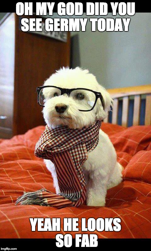 Intelligent Dog Meme | OH MY GOD DID YOU SEE GERMY TODAY YEAH HE LOOKS SO FAB | image tagged in memes,intelligent dog | made w/ Imgflip meme maker