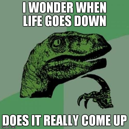 Philosoraptor | I WONDER WHEN LIFE GOES DOWN DOES IT REALLY COME UP | image tagged in memes,philosoraptor | made w/ Imgflip meme maker