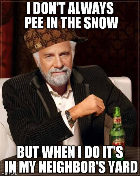 The Most Interesting Man In The World Meme | I DON'T ALWAYS PEE IN THE SNOW BUT WHEN I DO IT'S IN MY NEIGHBOR'S YARD | image tagged in memes,the most interesting man in the world,scumbag | made w/ Imgflip meme maker