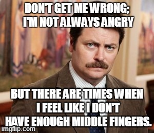 Don't get me wrong... | DON'T GET ME WRONG; I'M NOT ALWAYS ANGRY BUT THERE ARE TIMES WHEN I FEEL LIKE I DON'T HAVE ENOUGH MIDDLE FINGERS. | image tagged in memes,ron swanson | made w/ Imgflip meme maker