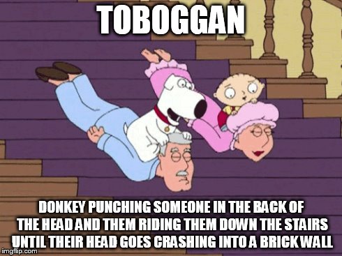 The Art of Tobogganing | TOBOGGAN DONKEY PUNCHING SOMEONE IN THE BACK OF THE HEAD AND THEM RIDING THEM DOWN THE STAIRS UNTIL THEIR HEAD GOES CRASHING INTO A BRICK WA | image tagged in family guy,funny memes | made w/ Imgflip meme maker