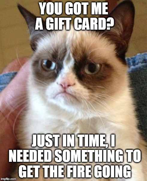 Grumpy Cat Meme | YOU GOT ME A GIFT CARD? JUST IN TIME, I NEEDED SOMETHING TO GET THE FIRE GOING | image tagged in memes,grumpy cat | made w/ Imgflip meme maker