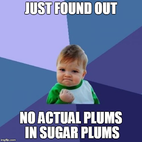 Success Kid Meme | JUST FOUND OUT NO ACTUAL PLUMS IN SUGAR PLUMS | image tagged in memes,success kid | made w/ Imgflip meme maker