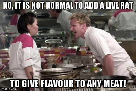 Angry Chef Gordon Ramsay Meme | NO, IT IS NOT NORMAL TO ADD A LIVE RAT TO GIVE FLAVOUR TO ANY MEAT! | image tagged in memes,angry chef gordon ramsay | made w/ Imgflip meme maker