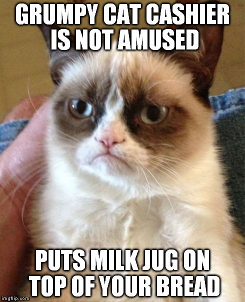 Grumpy Cat Meme | GRUMPY CAT CASHIER IS NOT AMUSED PUTS MILK JUG ON TOP OF YOUR BREAD | image tagged in memes,grumpy cat | made w/ Imgflip meme maker