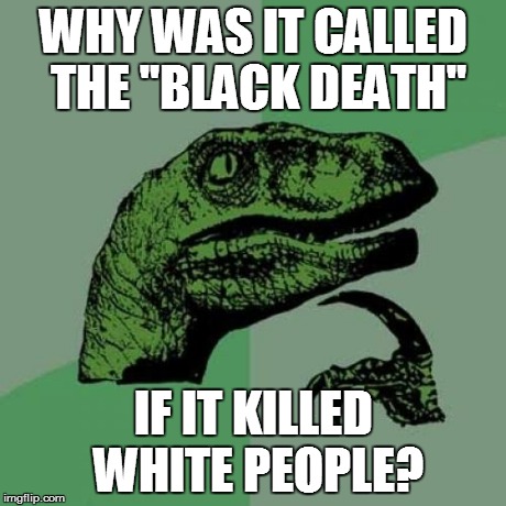 Philosoraptor | WHY WAS IT CALLED THE "BLACK DEATH" IF IT KILLED WHITE PEOPLE? | image tagged in memes,philosoraptor | made w/ Imgflip meme maker