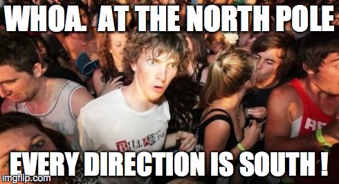 Sudden Clarity Clarence | WHOA.  AT THE NORTH POLE EVERY DIRECTION IS SOUTH ! | image tagged in memes,sudden clarity clarence | made w/ Imgflip meme maker