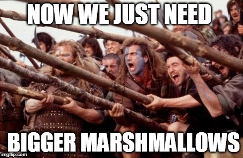 Marshmallow BBQ | NOW WE JUST NEED BIGGER MARSHMALLOWS | image tagged in braveheart hold | made w/ Imgflip meme maker
