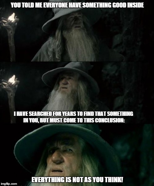 Confused Gandalf Meme | YOU TOLD ME EVERYONE HAVE SOMETHING GOOD INSIDE I HAVE SEARCHED FOR YEARS TO FIND THAT SOMETHING IN YOU, BUT MUST COME TO THIS CONCLUSION: E | image tagged in memes,confused gandalf | made w/ Imgflip meme maker