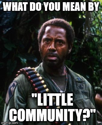 Tropic Thunder You People | WHAT DO YOU MEAN BY "LITTLE COMMUNITY?" | image tagged in tropic thunder you people | made w/ Imgflip meme maker