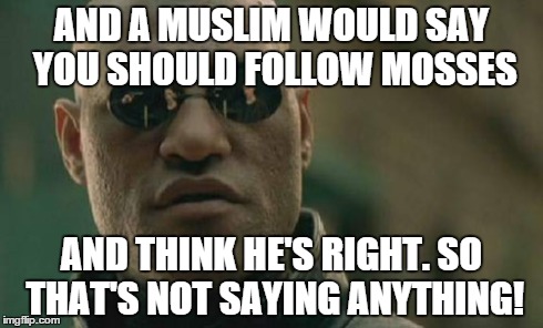 Matrix Morpheus Meme | AND A MUSLIM WOULD SAY YOU SHOULD FOLLOW MOSSES AND THINK HE'S RIGHT. SO THAT'S NOT SAYING ANYTHING! | image tagged in memes,matrix morpheus | made w/ Imgflip meme maker