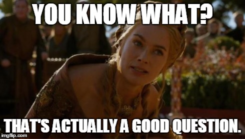 Logical Cersei | YOU KNOW WHAT? THAT'S ACTUALLY A GOOD QUESTION. | image tagged in logical cersei | made w/ Imgflip meme maker