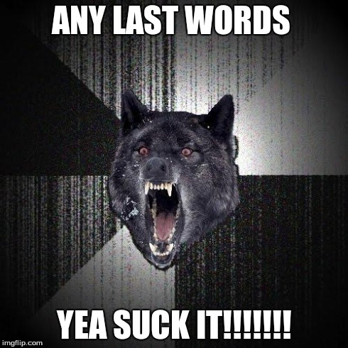 Insanity Wolf | ANY LAST WORDS YEA SUCK IT!!!!!!! | image tagged in memes,insanity wolf | made w/ Imgflip meme maker