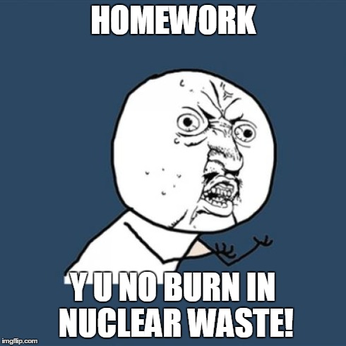 HOMEWORK Y U NO BURN IN NUCLEAR WASTE! | image tagged in memes,y u no | made w/ Imgflip meme maker