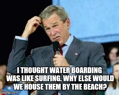 Confused Bush | I THOUGHT WATER BOARDING WAS LIKE SURFING. WHY ELSE WOULD WE HOUSE THEM BY THE BEACH? | image tagged in confused bush | made w/ Imgflip meme maker