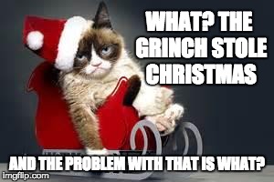 Grumpy Cat Christmas | WHAT? THE GRINCH STOLE CHRISTMAS AND THE PROBLEM WITH THAT IS WHAT? | image tagged in grumpy cat christmas | made w/ Imgflip meme maker