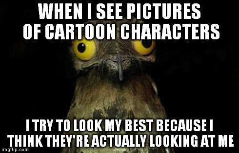 Why do they have to be so high maintinence!? | WHEN I SEE PICTURES OF CARTOON CHARACTERS I TRY TO LOOK MY BEST BECAUSE I THINK THEY'RE ACTUALLY LOOKING AT ME | image tagged in memes,weird stuff i do potoo | made w/ Imgflip meme maker