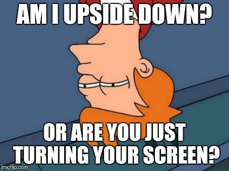 Futurama Fry | AM I UPSIDE DOWN? OR ARE YOU JUST TURNING YOUR SCREEN? | image tagged in memes,futurama fry | made w/ Imgflip meme maker