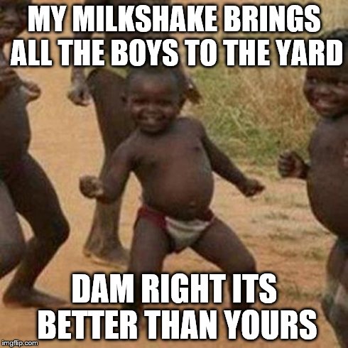 Third World Success Kid | MY MILKSHAKE BRINGS ALL THE BOYS TO THE YARD DAM RIGHT ITS BETTER THAN YOURS | image tagged in memes,third world success kid | made w/ Imgflip meme maker