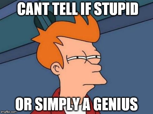 CANT TELL IF STUPID OR SIMPLY A GENIUS | image tagged in memes,futurama fry | made w/ Imgflip meme maker