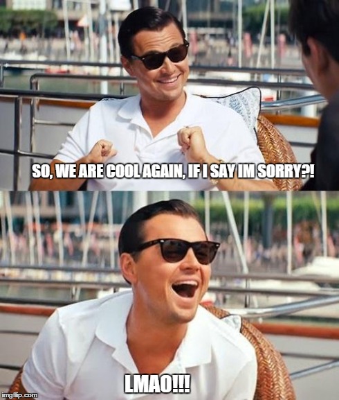 Leonardo Dicaprio Wolf Of Wall Street | SO, WE ARE COOL AGAIN, IF I SAY IM SORRY?! LMAO!!! | image tagged in memes,leonardo dicaprio wolf of wall street | made w/ Imgflip meme maker