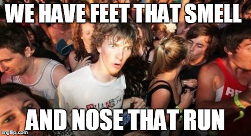 Sudden Clarity Clarence Meme | WE HAVE FEET THAT SMELL AND NOSE THAT RUN | image tagged in memes,sudden clarity clarence | made w/ Imgflip meme maker