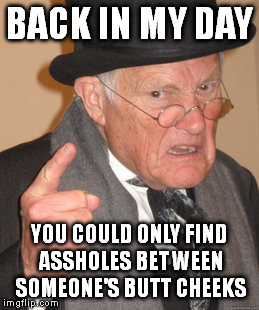Back In My Day | BACK IN MY DAY YOU COULD ONLY FIND ASSHOLES BETWEEN SOMEONE'S BUTT CHEEKS | image tagged in memes,back in my day | made w/ Imgflip meme maker
