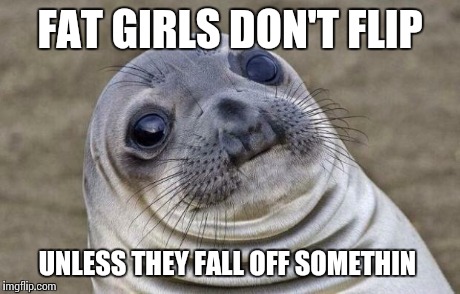 Awkward Moment Sealion | FAT GIRLS DON'T FLIP UNLESS THEY FALL OFF SOMETHIN | image tagged in memes,awkward moment sealion | made w/ Imgflip meme maker