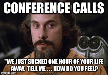The Princess Bride | CONFERENCE CALLS "WE JUST SUCKED ONE HOUR OF YOUR LIFE AWAY.  TELL ME . . . HOW DO YOU FEEL? | image tagged in the princess bride | made w/ Imgflip meme maker