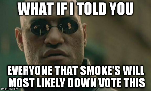 Matrix Morpheus Meme | WHAT IF I TOLD YOU EVERYONE THAT SMOKE'S WILL MOST LIKELY DOWN VOTE THIS | image tagged in memes,matrix morpheus | made w/ Imgflip meme maker