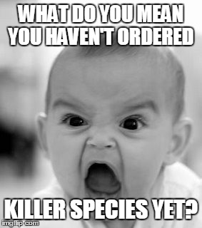 Angry Baby Meme | WHAT DO YOU MEAN YOU HAVEN'T ORDERED KILLER SPECIES YET? | image tagged in memes,angry baby | made w/ Imgflip meme maker