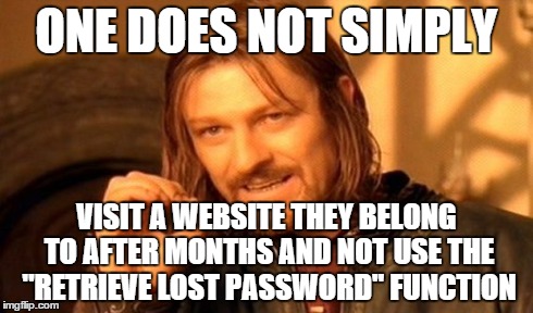 It just doesn't happen... | ONE DOES NOT SIMPLY VISIT A WEBSITE THEY BELONG TO AFTER MONTHS AND NOT USE THE "RETRIEVE LOST PASSWORD" FUNCTION | image tagged in memes,one does not simply | made w/ Imgflip meme maker