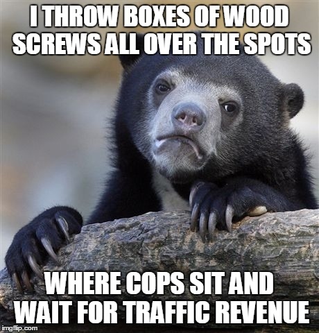 Confession Bear | I THROW BOXES OF WOOD SCREWS ALL OVER THE SPOTS WHERE COPS SIT AND WAIT FOR TRAFFIC REVENUE | image tagged in memes,confession bear | made w/ Imgflip meme maker